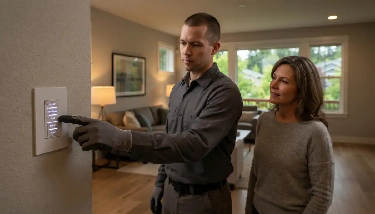 Electrician verifies programmable lighting scenes with a Bellevue, WA homeowner.
