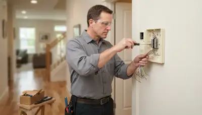 Electrician terminating intercom station wires during a Bellevue, WA home installation