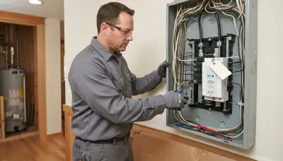 Electrician installs a whole-home surge protector with trimmed leads at an electrical panel in Bellevue, WA