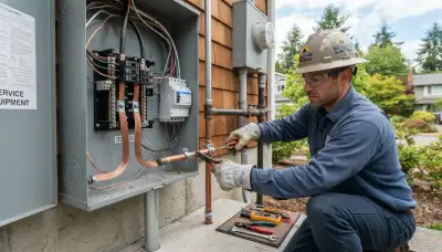 Electrician installing bonding jumpers and surge protection at a Bellevue, WA home