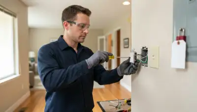 Electrician replacing a switch and securing wire connections in a Bellevue, WA home