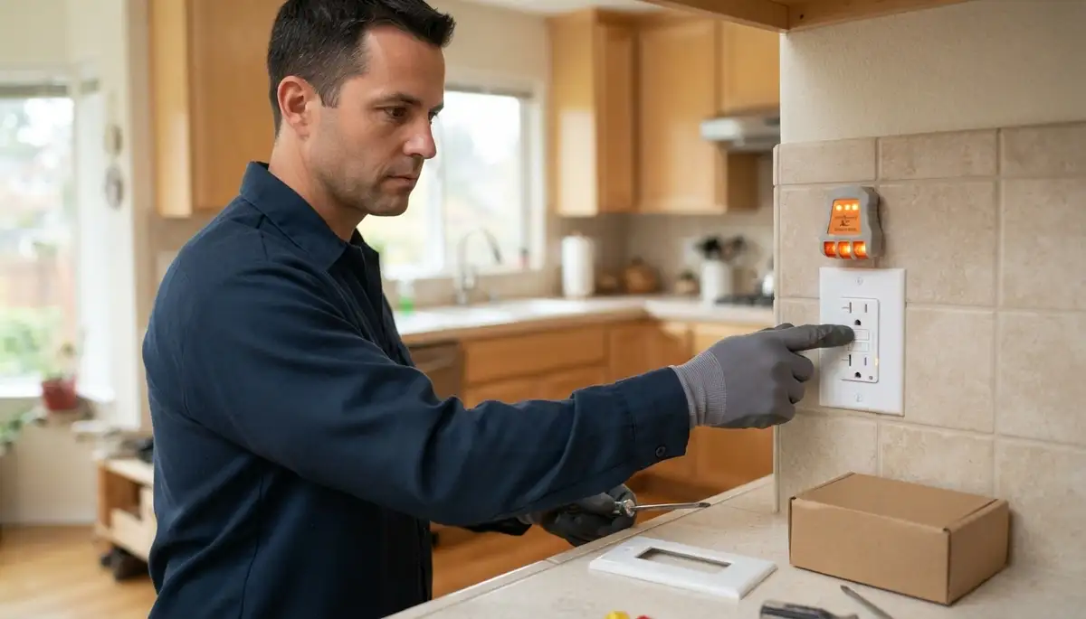 Bellevue, WA electrician presses the test button on a newly installed GFCI outlet