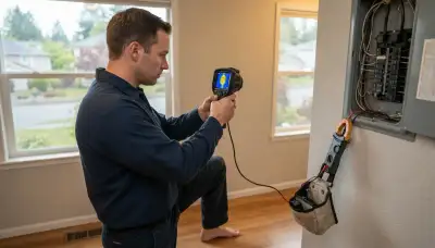 Bellevue, WA electrician scans windows with a thermal camera and measures circuit loads during a home energy audit