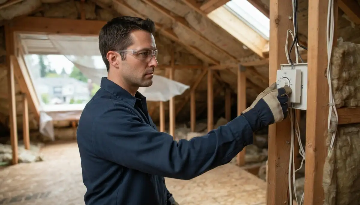 Bellevue, WA electrician adjusts attic fan thermostat to verify airflow through soffit vents
