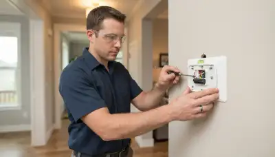 Electrician wiring and leveling a thermostat base during thermostat installation in Bellevue, WA