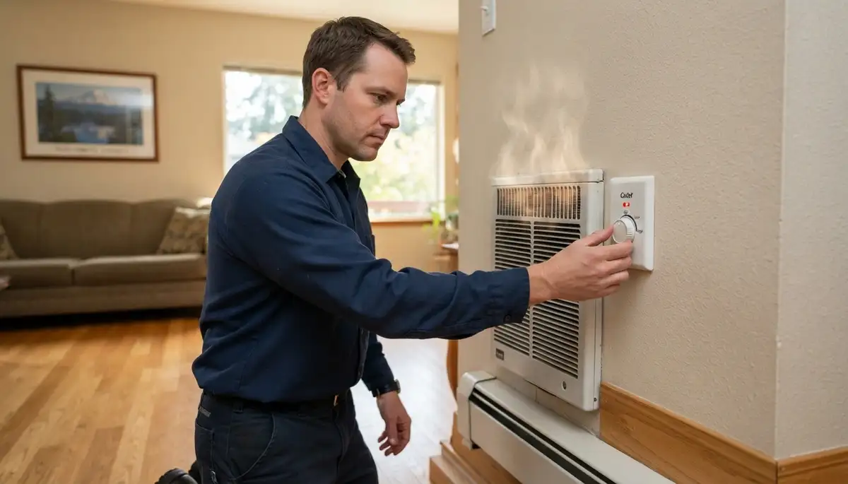 Electrician adjusts an electric heater thermostat and verifies warm airflow in a Bellevue, WA home