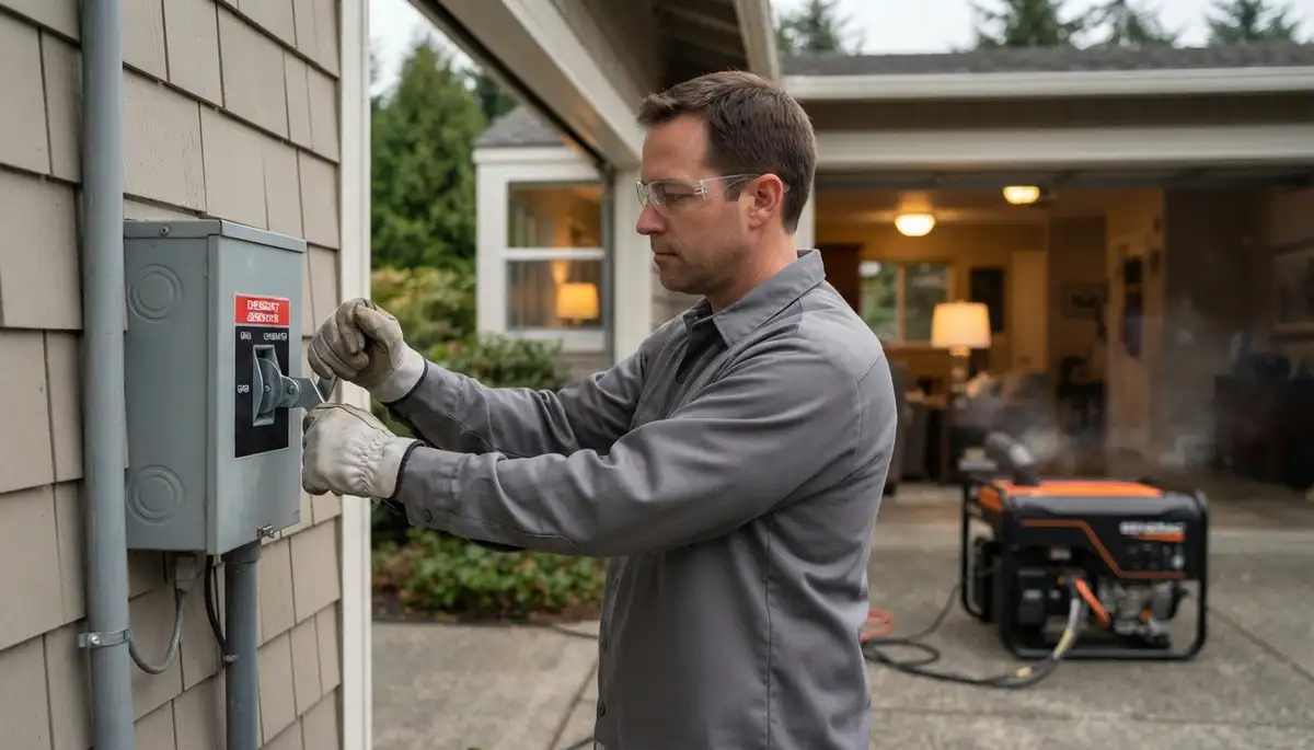 Bellevue, WA electrician tests a generator transfer switch during a simulated outage as interior lights stay on