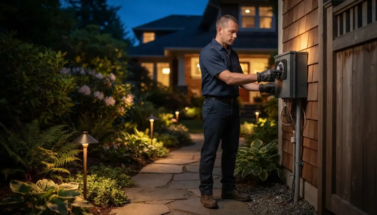 Bellevue, WA electrician adjusts a landscape lighting transformer timer as path lights glow during night aiming