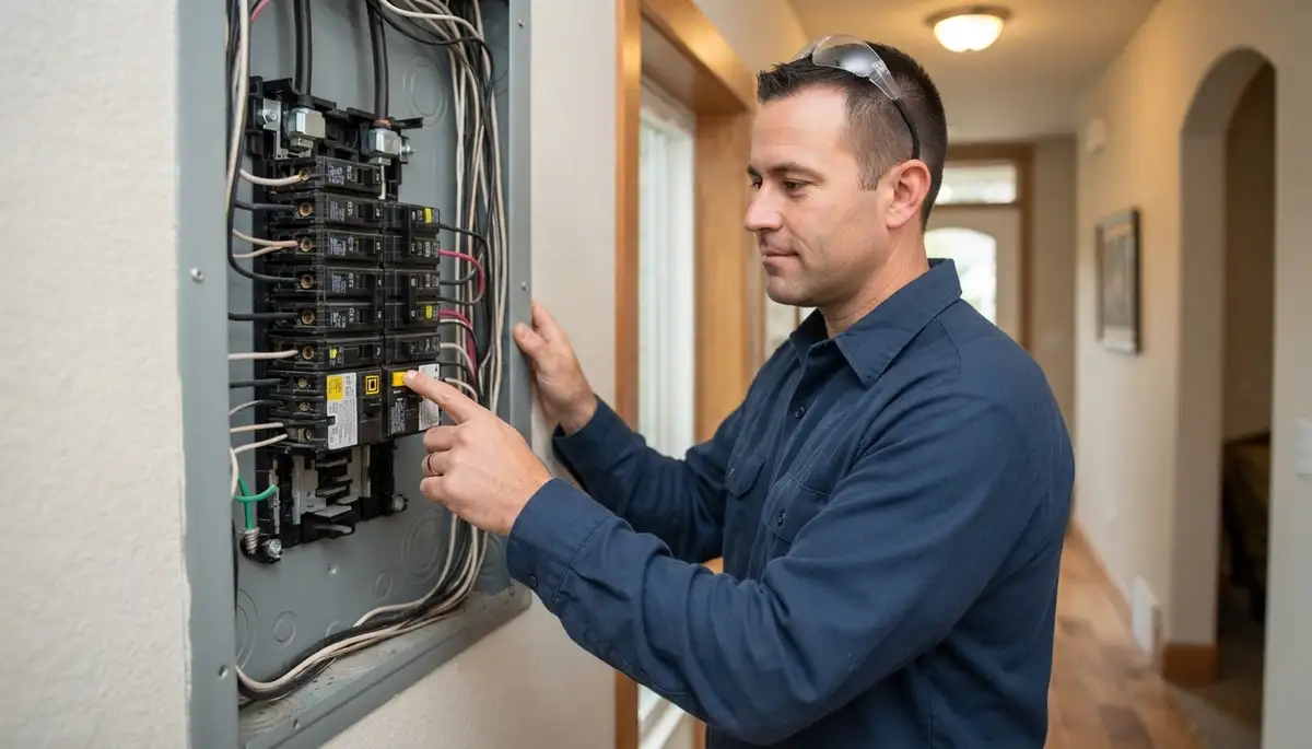 Bellevue, WA electrician tests a newly installed GFCI breaker by pressing its test button to verify safe tripping