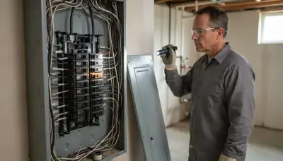 Electrician performing a whole-home electrical inspection with a flashlight and tester in Bellevue, WA