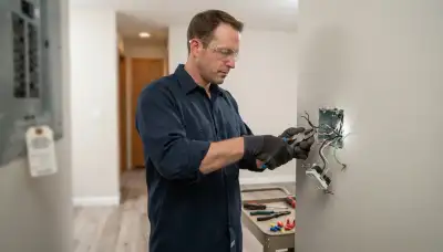 Electrician replacing scorched wiring and a failed device in a junction box in Bellevue, WA