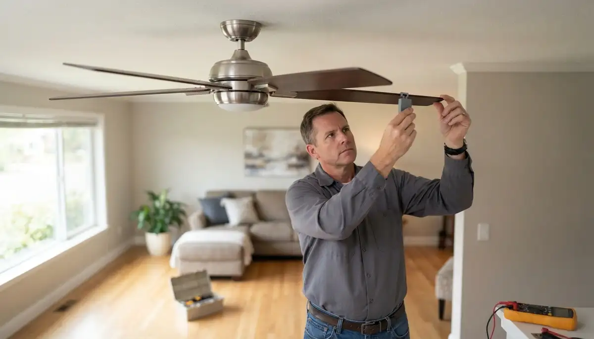 Electrician clips a balancing weight onto a ceiling fan blade during repair in Bellevue, WA